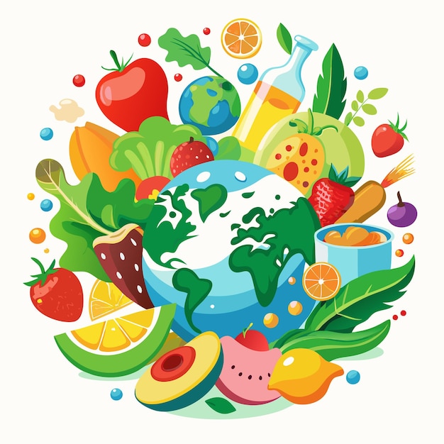 Farbiges Obst und Gemüse umgeben einen Globus, der einen gesunden Planeten symbolisiert