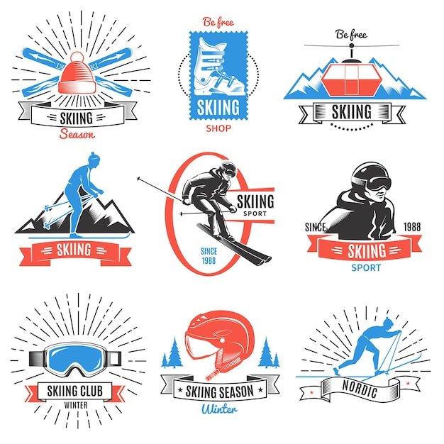 Farbiges Skifahren Vintage Logo Set