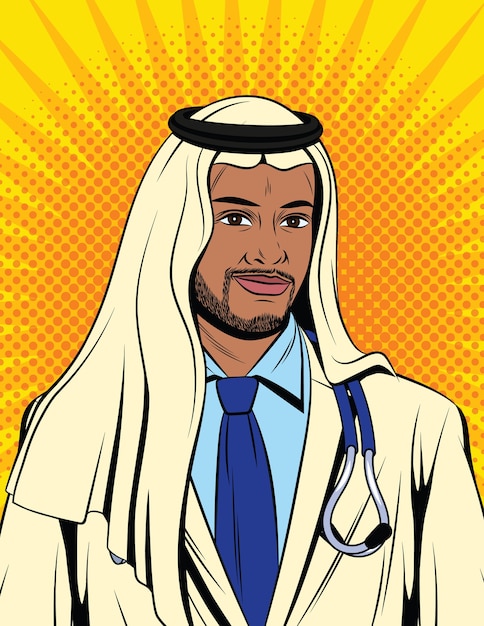 Farbillustration im pop-art-stil. männlicher muslimischer arzt mit einem stethoskop um den hals. porträt eines arztes arabischen aussehens in einer weißen uniform. doktor in traditioneller orientalischer kleidung.