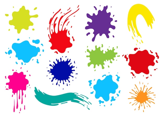 Farbkleckse Spritzer für die Design-Verwendung eingestellt Bunte Grunge-Formen-Auflistung Schmutzige Flecken und Silhouetten Farbtintenspritzer