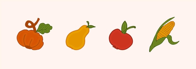 Farbset isolierte Erntefrüchte Symbol Mais Kürbis Apfel Birne Vektorzeichnung Herbstgemüse Gegenvektorillustration für natürliche und organische Designs Symbol Webelemente Kartenmuster