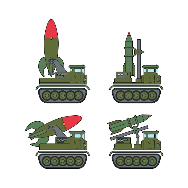 Farbset vektor-illustrationssymbol infanterie-angriffsarmee-flugzeuge rakete militärisches schweres fahrzeug einfacher retro-stil soldatenausrüstung gepanzertes korps waffentraktor-raupeneinheit abschleppkrieg