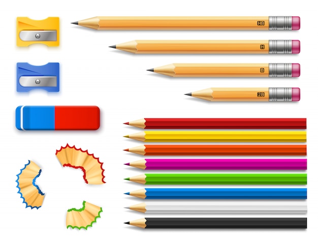 Vektor farbstifte und verschieden lange bleistifte mit anspitzer und radiergummi.