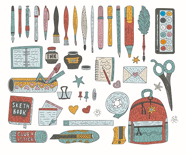 Farbvektor-Set für Zeichenzubehör Doodle-Zeichnungszubehör für Schule und Büro
