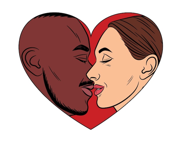 Vektor farbvektorillustration im comic-pop-art-stil ein schwarzer mann küsst eine weiße frau valentinstagskarte in einem herzförmigen rahmen interracial verliebtes paar kerl und mädchen im profil sehen einander an