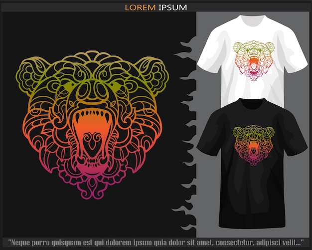 Farbverlauf bunte grizzlybär-kopf-mandala-kunst isoliert auf schwarz-weißem t-shirt