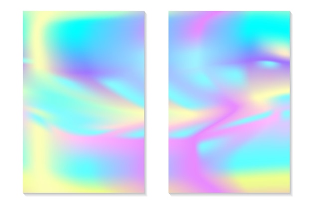 Farbverlauf-Hologramm-Hintergründe. Reihe von bunten holografischen Postern im Retro-Stil. Lebendige Neon-Pastell-Textur. Vektorgradientenvorlage für Flyer, Banner, mobilen Bildschirm.