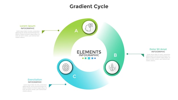 Farbverlaufsdiagramm mit 3 runden elementen, dünnen liniensymbolen, buchstaben und textfeldern. konzept der visualisierung des produktionszyklus. moderne infografik-design-vorlage. vektor-illustration.