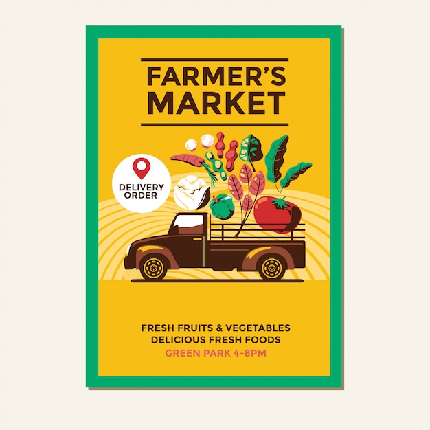 Vektor farmers market flyer vorlage mit bauern vintage pickup truck