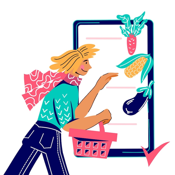 Vektor farmers produkte online-bestellung und lieferung banner mit frau charakter kauf von lebensmitteln in der mobilen app flache cartoon-vektor-illustration isoliert auf dem hintergrund agrarmarkt oder messeplakat