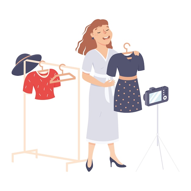 Fashion-Bloggerin probiert ein neues Kleid im Bekleidungsgeschäft Aufnahme von Videos mit Kamera auf einem Stativ Live-Streaming-Blogging Konzept Cartoon-Stil Vektorillustration