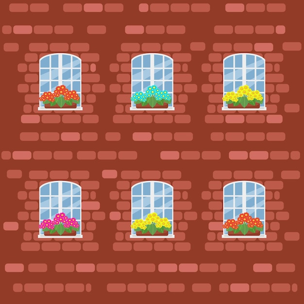 Fassade eines backsteinhauses unter dem großen weißen fenster der stickerei mit blumen im topfvektor