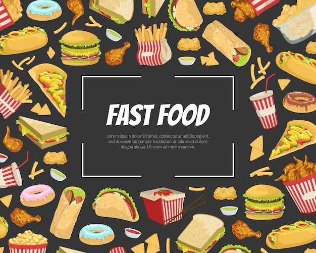Vektor fast-food-banner-vorlage mit leckeren, ungesunden mahlzeiten, nahtlosem mustermenü oder werbebanner