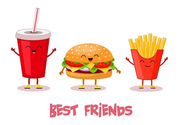 Fast food. beste freunde. stilisierte charaktere. illustration.