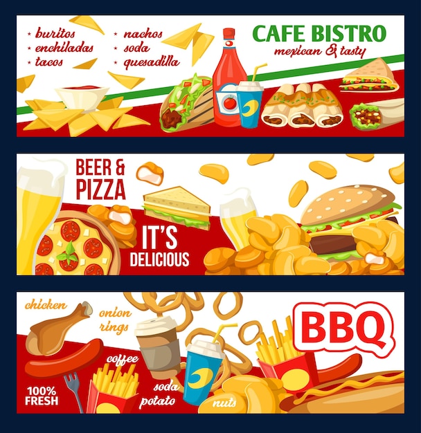 Vektor fast-food-café-bistro-menü und pizza-banner