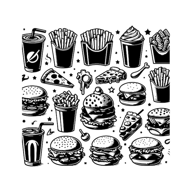 Fast-food-droodle-set isolierter silhouettenvektor