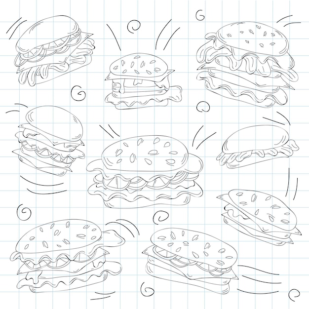 Fast-food-hamburger-doodle-set - vektor-illustration