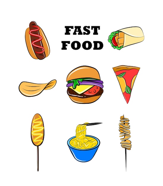 Fast food icon set doodle cartoon vektor clip art grafik dekorelement hot dog mais hamburger fleisch pizza