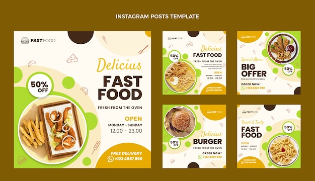 Vektor fast-food-instagram-beiträge im flachen design