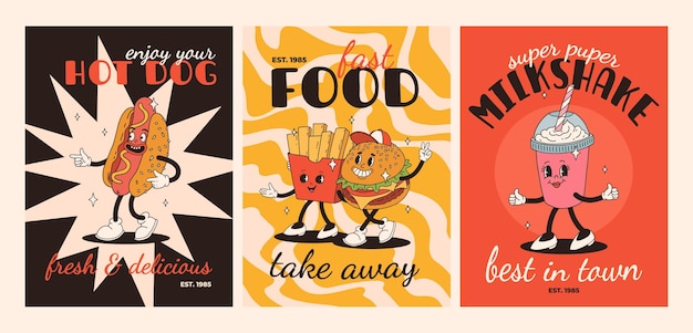 Vektor fast-food-kartoon-poster retro-groovy-karten mit maskottchen-lebensmittelfiguren broschüre-design mit zitattext für café banner mit funky groovy burger pommes frites soda-eis fast food-lieferung