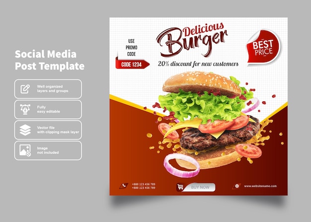 Fast-food-köstlicher burger-flyer und plakat für social-media-beitragsvorlage