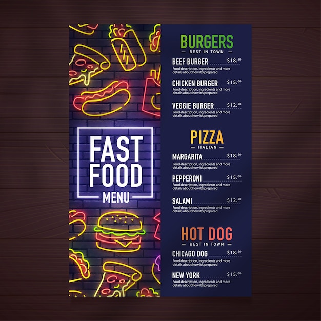 Fast-food-menü-design und food-neon-sing-illustration.