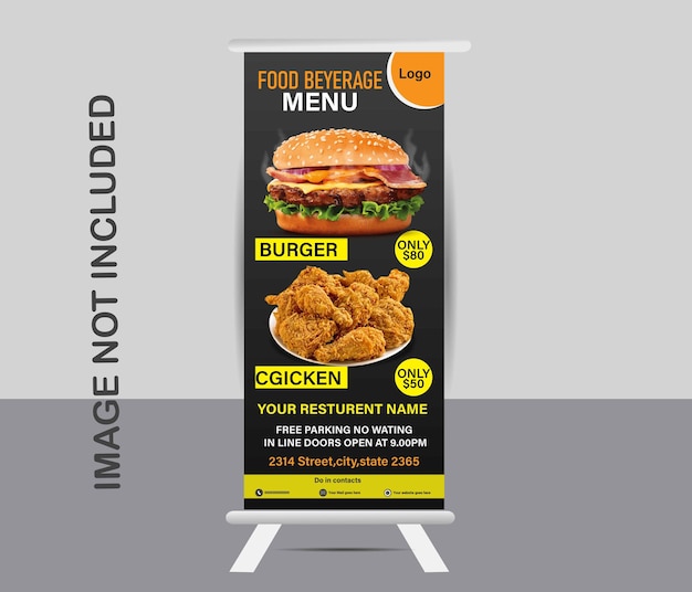 Vektor fast-food-menü roll-up-banner-design lebensmittel und restaurants pizza-lebensmittel