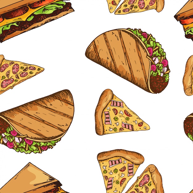 Fast-food-muster mit taco und pizza. hand zeichnen retro-illustration. vintage design.