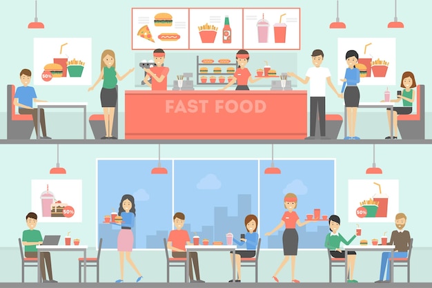 Vektor fast-food-restaurant mit menschen, die burger, pommes und getränke verkaufen und kaufen