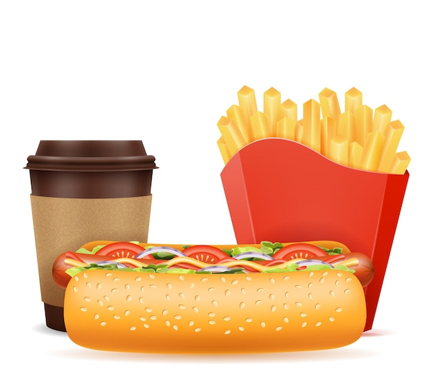 Fast-food-symbole hot-dog-kaffee-pommes-frites auf weiß