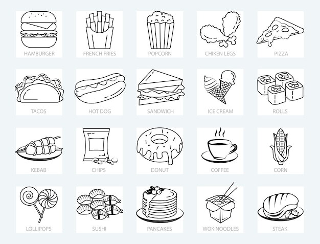 Fast-food-web-icons gesetzt. hamburger, pizza, brötchen, pommes frites und andere symbole