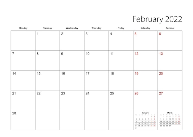 Februar 2022 einfacher Kalenderplaner, Woche beginnt am Montag. Vektor-Kalender-Planer.