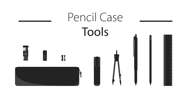 Federmäppchen-symbol web-briefpapier-symbol einfache schreibwaren-tools-symbole satz von symbolen, bestehend aus einem etui, lineal, bleistift, stift, marker, graphitreibe, anspitzer und kompass