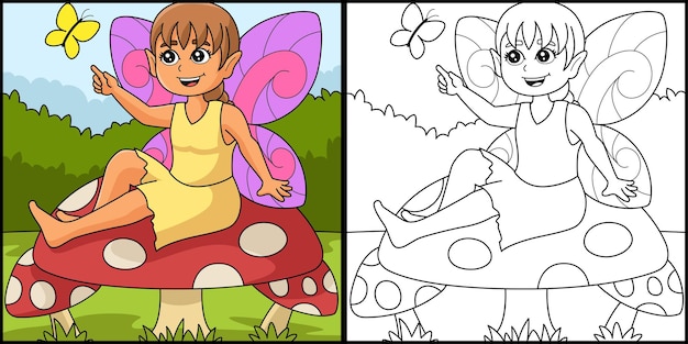 Fee sitzt auf einem pilz färbung illustration