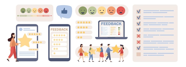 Vektor feedback-icon-set. emotionsskala, online-bewertungskonzept für sterne. kundenbefragung, bewertung und meinung.