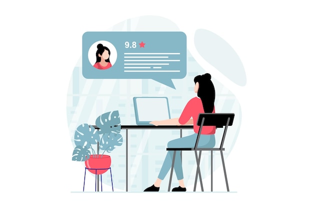 Feedback-Seitenkonzept mit People-Szene in flachem Design Frau hinterlässt Online-Kommentar mit Bewertung und Beschreibung ihrer Benutzererfahrung mit Laptop Vektorillustration mit Charaktersituation für das Web