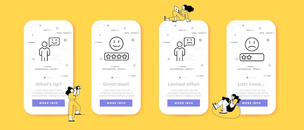 Feedback-Set-Symbol Wie Abneigung traurige und lächelnde Emoticons Bewertungssterne bewerten den Service-Benutzer hinterlassen eine Reaktion Kommunikationskonzept UI-Telefon-App-Bildschirme Vektorliniensymbol für Werbung