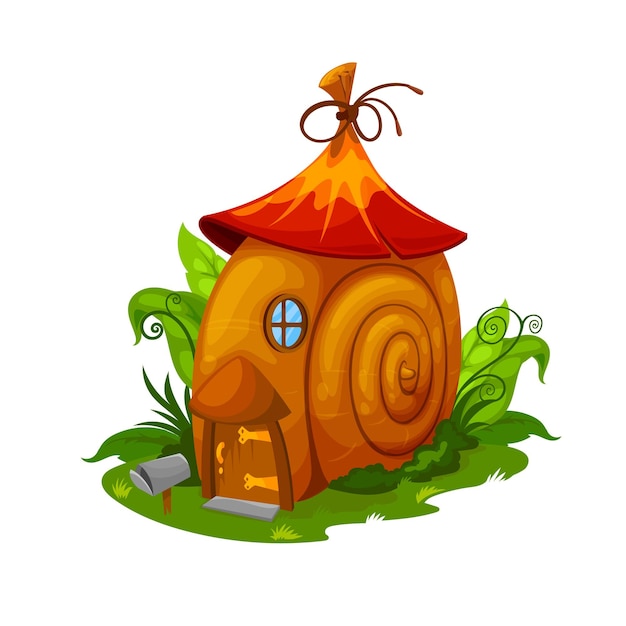 Feenhaftes schneckenhaus, gnome und elfenwohnung. cartoon-vektor-feenhaus in cochlea-spiralschale auf grünem feld mit büschen und gras platziert. nettes fantasiegebäude mit holztür, fenster und briefkasten