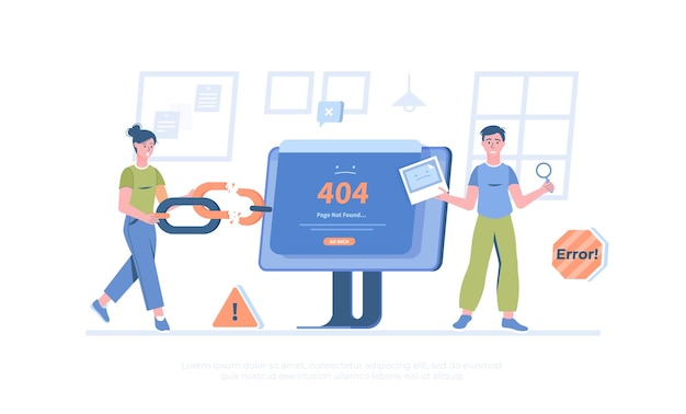 Fehler Seite nicht gefunden 404 Zurückgehen Link zu leerer nicht existierender Seite Broken Link Cartoon modern fl