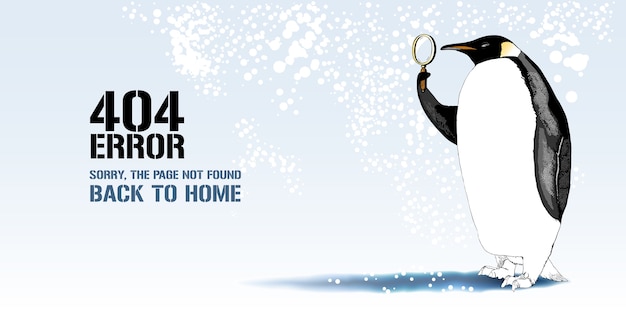 Fehlerseitenabbildung, banner mit nicht gefundener meldung. cartoon-pinguin mit linsenhintergrund für fehlerkonzept-webseitenelement