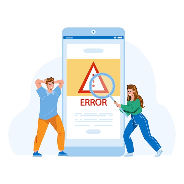 Fehlerwarnung Smartphone-Betriebssystem Vektor. Schockierter Mann und Frau, die Fehlerwarnungsalarmmeldung auf dem Handy-Display recherchieren. Charaktere Forschung Gadget Problem Flache Cartoon Illustration
