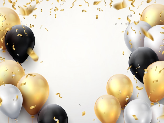 Feier Banner. Alles Gute zum Geburtstagspartyhintergrund mit goldenen Bändern, Konfetti und Luftballons. Realistisches Jubiläumsplakat