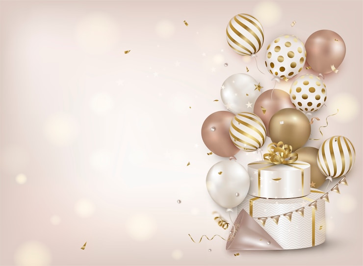 Vektor feierhintergrund mit goldluftballons, fallendem konfetti, geschenkbox, lichter auf beige.