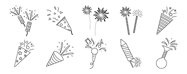 Feierliche Ikonen von Feuerwerkskonfetti und Party-Poppers Feuerwerk und Konfetti fügen feierliche Vibes hinzu Perfekt für Party- und Feierthemen Doodle-Vektorillustrationssatz