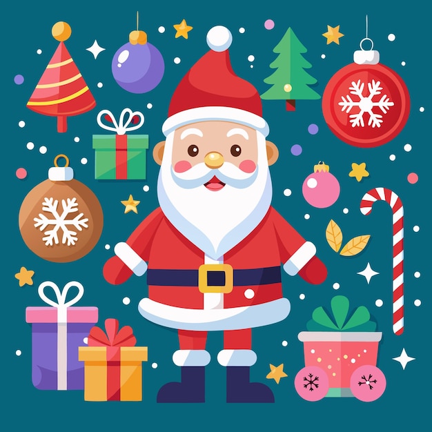 Feierliche Weihnachtsillustration mit weihnachtsmannlichen Geschenken, Bäumen und Feiertagsdekorationen