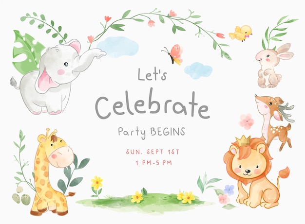 Feiern sie partykartenschablone mit niedlicher tierillustration