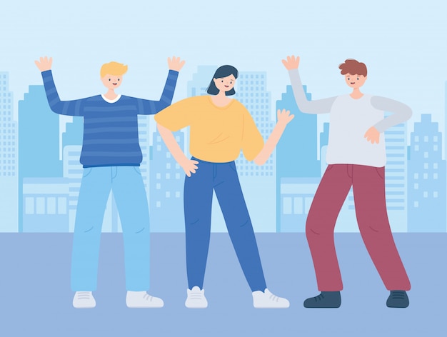Feiern von Gruppen-Männer- und Frauen-Comicfiguren in der Stadtillustration