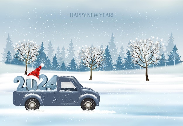 Vektor feiertags-weihnachts- und frohes neues-jahr-hintergrund mit abendlandschaft und blauem auto mit 2024-zahlen und weihnachtsmütze. winter-illustrationsbanner-vektor