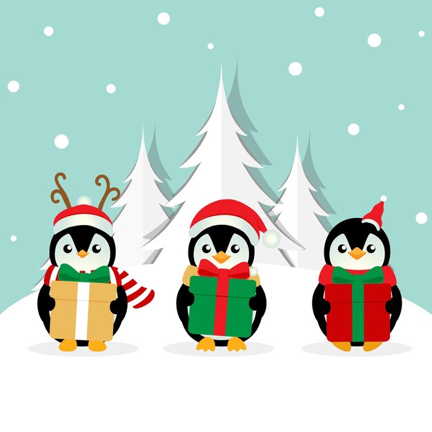 Feiertags-weihnachtshintergrund mit pinguinkarikatur-vektorillustration