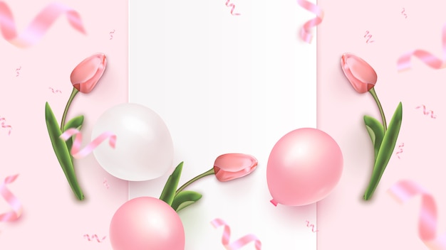 Feiertagsfahnenentwurf mit weißem Rahmen, rosa und weißen Luftballons, fallendem Folienkonfetti und Tulpen auf rosigem Hintergrund. Frauentag, Muttertag, Geburtstag, Jubiläumsschablone. Illustration